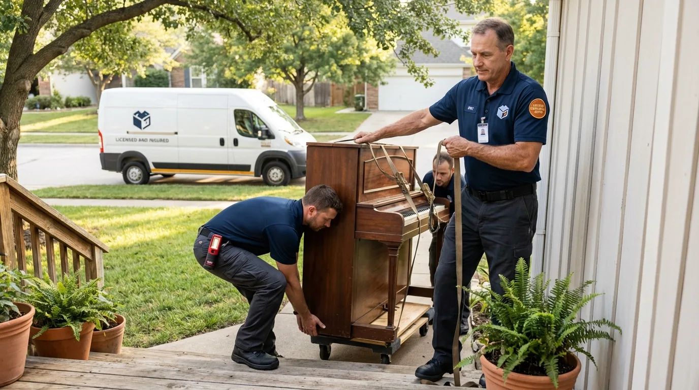 Licensed piano movers securing grand piano in Franklin Square, NY