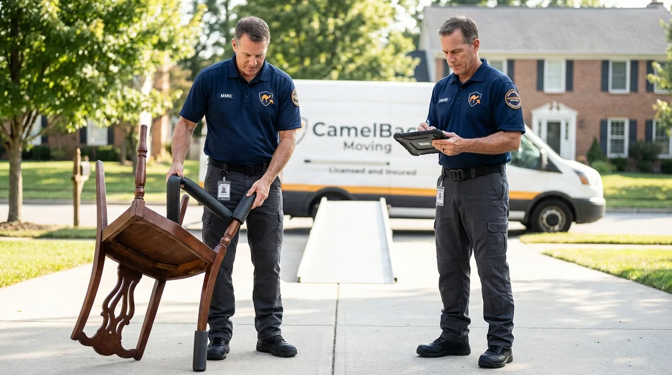 Movers inspecting furniture for damage prevention before loading in Franklin Square, NY