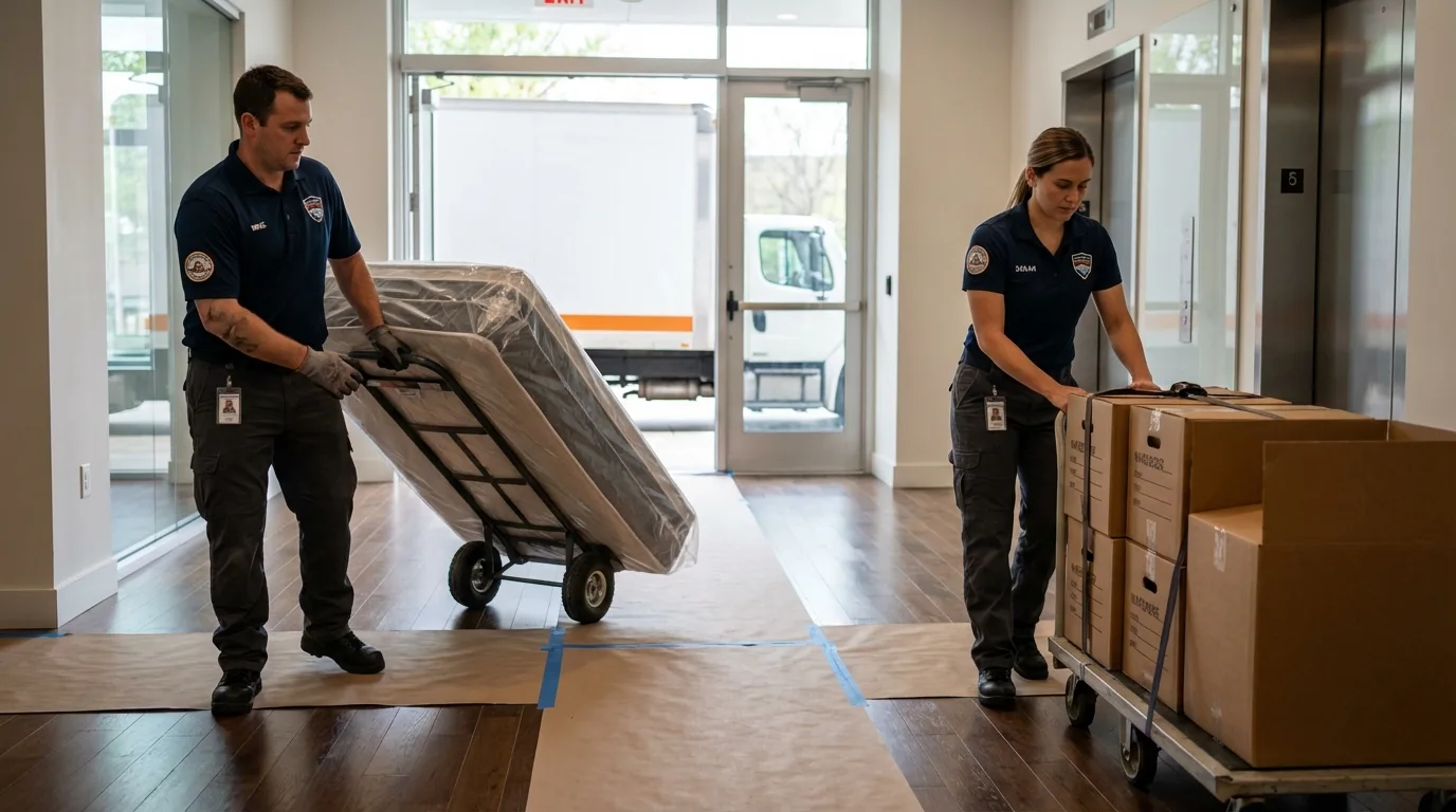Professional apartment movers loading elevator in Franklin Square, NY